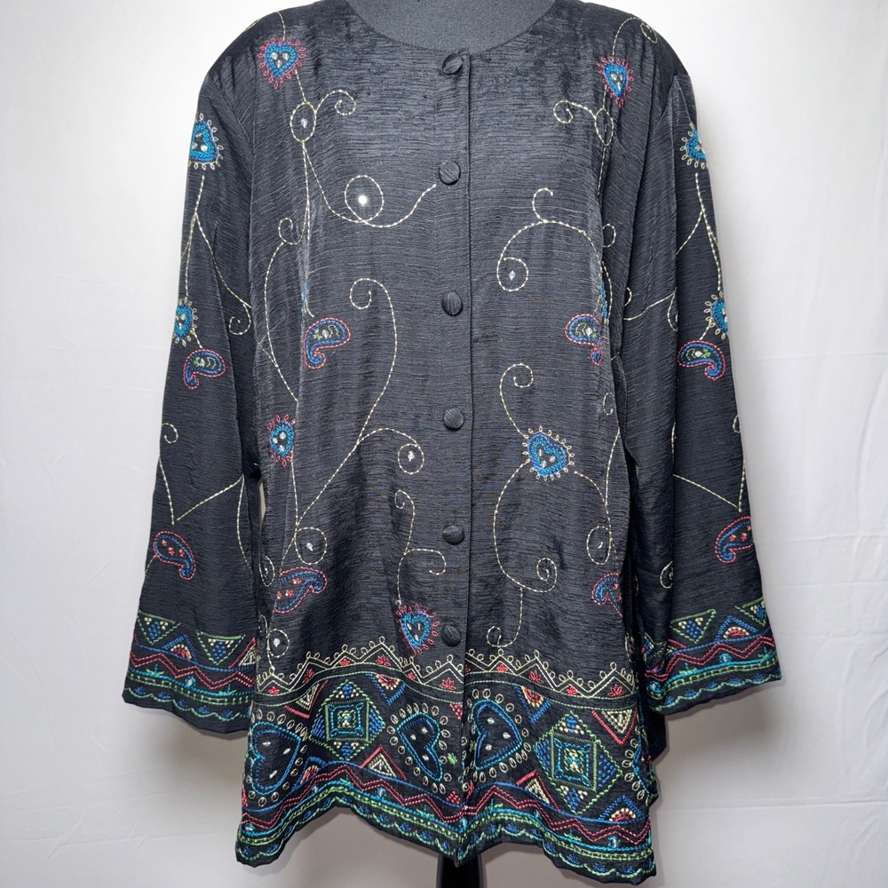 Carole Little Woman Silk Blend Embroidered Sequin Jacket Black Plus Size 1X 2X